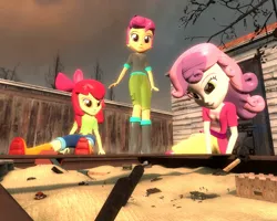 Size: 1280x1024 | Tagged: semi-grimdark, artist:definitelynotme, derpibooru import, apple bloom, scootaloo, sweetie belle, equestria girls, 3d, blood, boots, bow, clothes, cutie mark crusaders, death, female, giantess, gmod, grin, hair bow, macro, micro, out of character, pants, sandbox, shoes, shorts, skirt, smiling, soldiers, why