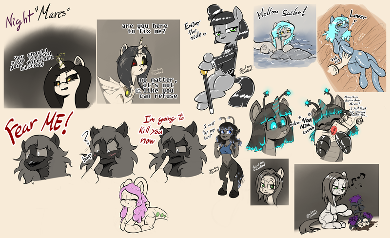 Size: 3508x2138 | Tagged: safe, artist:soulcentinel, derpibooru import, oc, oc:ariel, oc:boogeymare, oc:caerulea, oc:gabby, oc:orchid, oc:piezo, oc:thrill seeker, oc:tidal, ponified, unofficial characters only, goo, goo pony, goodra, original species, pony, robot, robot pony, satyr, shark, shark pony, boop, flower, goodra pony, pokémon, skull, strange waifus