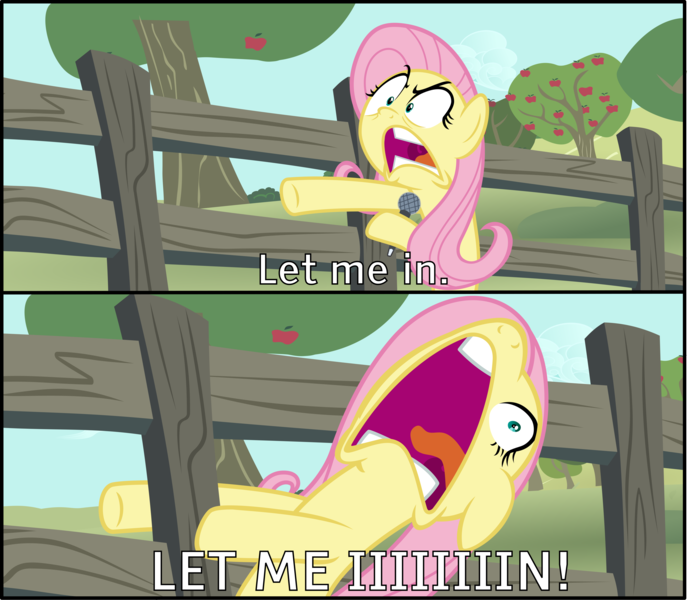 Size: 5051x4400 | Tagged: safe, artist:steyrrdash, derpibooru import, fluttershy, pony, buckball season, scare master, .svg available, absurd resolution, angry, apple, apple tree, caption, fence, flutterscream, fluttershy vs door, image macro, let me in, meme, microphone, nose in the air, open mouth, ponified meme, scenery, screaming, solo, text, the eric andre show, tree, vector