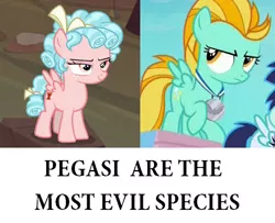 Size: 416x338 | Tagged: safe, derpibooru import, edit, edited screencap, screencap, cozy glow, lightning dust, pegasus, pony, frenemies (episode), parental glideance, downvote bait, female, filly, filly lightning dust, insane troll logic, mare, race mistaken for species, racism, younger