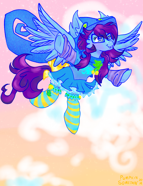 Size: 1334x1726 | Tagged: safe, artist:pumpkin-somethin-art, derpibooru import, ponified, pegasus, pony, clothes, crossover, flying, homestuck, june egbert, socks, solo, striped socks