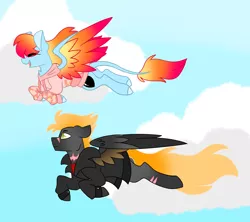 Size: 4500x4000 | Tagged: safe, artist:crazysketch101, derpibooru import, oc, oc:ashton burnside, oc:crazy looncrest, unofficial characters only, pegasus, pony, burncrest, clothes, colored wings, flying, gradient mane, gradient wings, hoodie, jacket, leonine tail, scar, shipping, wings