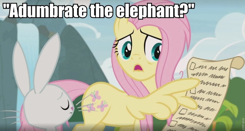 Size: 960x514 | Tagged: safe, derpibooru import, edit, edited screencap, screencap, angel bunny, fluttershy, elephant, pegasus, pony, rabbit, she talks to angel, animal, caption, checklist, female, image macro, labyrinth, male, mare, scroll, text, waterfall, wing hands, wings