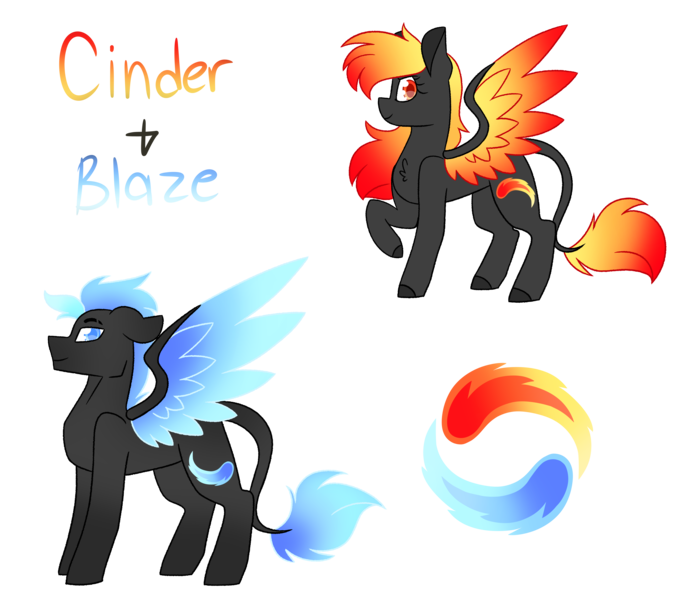 Size: 4500x4000 | Tagged: safe, artist:crazysketch101, derpibooru import, oc, oc:blaze burnside, oc:cinder burnside, unofficial characters only, pegasus, pony, colored wings, colored wingtips, gradient mane, gradient wings, leonine tail, twins, wings