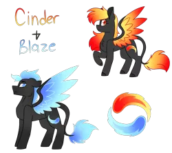 Size: 4500x4000 | Tagged: safe, artist:crazysketch101, derpibooru import, oc, oc:blaze burnside, oc:cinder burnside, unofficial characters only, pegasus, pony, colored wings, colored wingtips, gradient mane, gradient wings, leonine tail, twins, wings