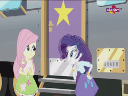 Size: 600x450 | Tagged: safe, artist:brightstar40k, derpibooru import, screencap, chestnut magnifico, fluttershy, rarity, equestria girls, movie magic, spoiler:eqg specials, abuse, animated, door slam, gif, legs, ouch, raribuse, trailer, wrong aspect ratio