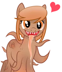 Size: 2600x3000 | Tagged: semi-grimdark, artist:pizzamovies, derpibooru import, oc, oc:thingpone, unofficial characters only, pony, body horror, drool, eldritch abomination, female, floating heart, heart, impossibly long tongue, long tongue, looking at you, mare, open mouth, smiling, solo, teeth, tentacles, tongue out