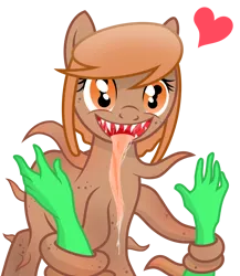 Size: 2600x3000 | Tagged: semi-grimdark, artist:pizzamovies, derpibooru import, oc, oc:anon, oc:thingpone, unofficial characters only, pony, body horror, drool, eldritch abomination, female, floating heart, hand, heart, impossibly long tongue, long tongue, mare, offscreen character, open mouth, pov, smiling, teeth, tentacles, tongue out