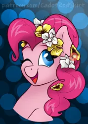 Size: 1280x1793 | Tagged: safe, artist:cadetredshirt, derpibooru import, pinkie pie, earth pony, pony, abstract background, cute, daffodil, diapinkes, female, floral head wreath, flower, flower in hair, looking at you, mare, one eye closed, open mouth, solo