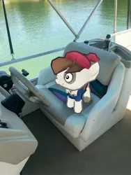 Size: 3024x4032 | Tagged: safe, derpibooru import, photographer:undeadponysoldier, pipsqueak, earth pony, pony, augmented reality, boat, chair, colt, driver, foal, gameloft, irl, lake, male, photo, pirate outfit, ponies in real life, sailor, solo, steering wheel, water