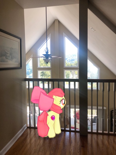 Size: 3024x4032 | Tagged: safe, derpibooru import, photographer:undeadponysoldier, apple bloom, earth pony, pony, augmented reality, balcony, bust, ceiling fan, fan, female, filly, gameloft, irl, photo, ponies in real life, portrait, window