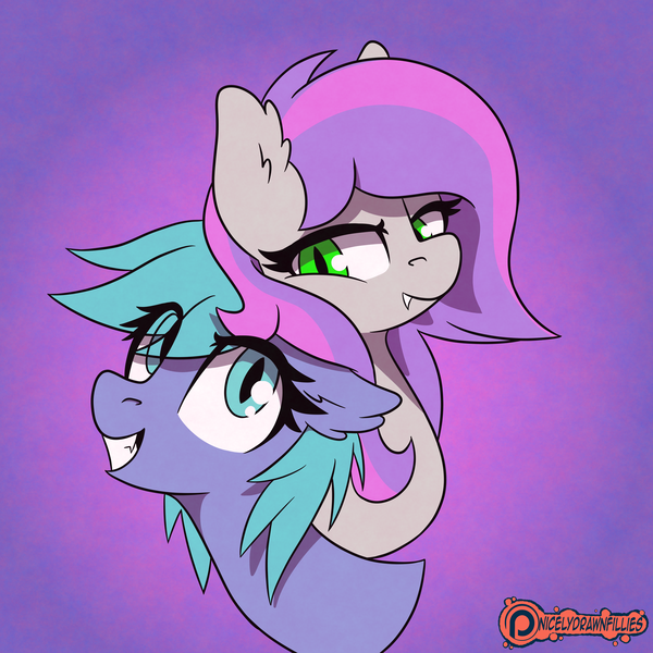 Size: 5080x5080 | Tagged: safe, artist:niggerdrawfag, derpibooru import, oc, oc:windseeker, unofficial characters only, bat pony, pony, bat pony oc, bat wings, commission, cute, cute little fangs, duo, fangs, looking at each other, nuzzling, simple background, wings