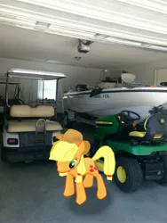 Size: 3024x4032 | Tagged: safe, derpibooru import, photographer:undeadponysoldier, applejack, earth pony, pony, augmented reality, boat, female, gameloft, garage, golf cart, hat, irl, john deere, lawn mower, mare, photo, ponies in real life