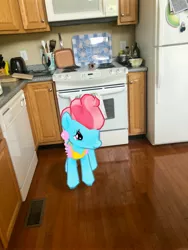 Size: 3024x4032 | Tagged: safe, derpibooru import, photographer:undeadponysoldier, cup cake, earth pony, pony, apron, augmented reality, clothes, dishwasher, female, gameloft, irl, kitchen, mare, oven, photo, ponies in real life, refrigerator, silverware, solo, spatula