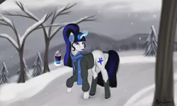 Size: 5000x3000 | Tagged: safe, artist:amywhooves, derpibooru import, oc, oc:coldlight bluestar, unofficial characters only, pony, unicorn, clothes, coat, commission, drink, female, glowing horn, horn, magic, mare, snow, solo, tree, winter