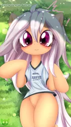 Size: 2161x3840 | Tagged: safe, artist:an-m, derpibooru import, oc, oc:anon, oc:har glind, unofficial characters only, earth pony, pony, bipedal, blushing, clothes, dialogue, eye reflection, female, grass, looking at you, lying down, mare, reflection, shirt, solo