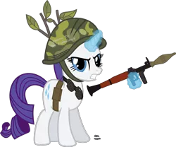 Size: 1736x1446 | Tagged: safe, artist:anime-equestria, derpibooru import, rarity, pony, unicorn, angry, army, army helmet, belt, camouflage, female, grenade, grenades, helmet, leaves, looking at you, magic, mare, pouch, rocket launcher, rpg, simple background, solo, sticks, transparent background, twigs, vector, war, weapon