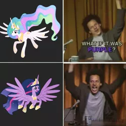 Size: 1080x1080 | Tagged: safe, derpibooru import, princess celestia, princess twilight 2.0, twilight sparkle, twilight sparkle (alicorn), alicorn, pony, the last problem, leak, eric andre, meme, shitposting, the eric andre show, watermark, wings