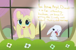 Size: 2400x1600 | Tagged: safe, artist:mightyshockwave, derpibooru import, angel bunny, fluttershy, pegasus, pony, rabbit, she talks to angel, animal, be careful what you wish for, blushing, female, fluttershy's cottage, gagging, implied discoshy, implied shipping, implied straight, male, straight, subversion, tongue out