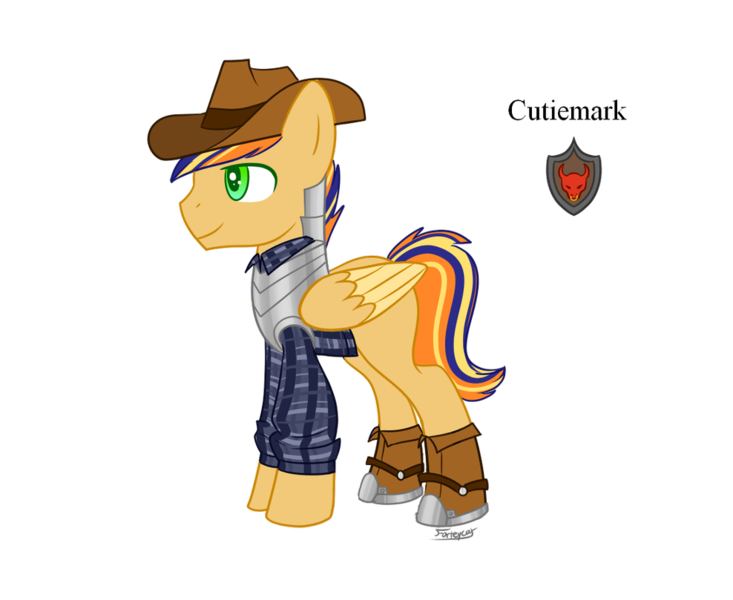 Size: 988x809 | Tagged: safe, artist:forteycat-adopts, derpibooru import, oc, oc:feather hastam, unofficial characters only, pegasus, pony, armor, boots, clothes, cowboy boots, cowboy hat, flannel, hat, magical gay spawn, male, multicolored hair, offspring, parent:braeburn, parent:flash sentry, parents:flashburn, shoes, simple background, solo, stallion, transparent background