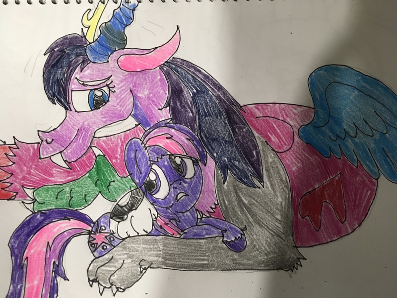 Size: 4032x3024 | Tagged: safe, artist:wolfspiritclan, derpibooru import, twilight sparkle, oc, oc:adean ruby nights, draconequus, earth pony, pony, spoiler:g5, chaosverse, draconequus oc, dramatic, earth pony twilight, g5, sad, spoilers in description, traditional art, twilight sparkle (g5)