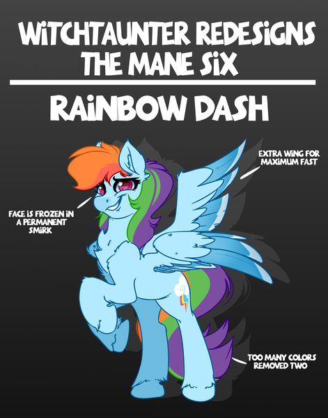 Size: 4000x5100 | Tagged: safe, artist:witchtaunter, derpibooru import, part of a set, rainbow dash, pegasus, pony, seraph, absurd resolution, dreamworks face, joke, leg fluff, multiple wings, redesign, smiling, smirk, solo, wings