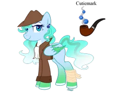 Size: 988x809 | Tagged: safe, artist:forteycat-adopts, derpibooru import, oc, oc:vestigium trail, unofficial characters only, pegasus, pony, icey-verse, bandage, broken wing, clothes, coat, detective, ear piercing, earring, eyeshadow, fedora, female, hat, jewelry, makeup, mare, markings, offspring, parent:sky stinger, parent:vapor trail, parents:vaporsky, piercing, simple background, solo, transparent background, wings