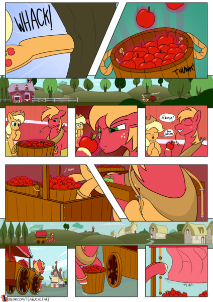 Size: 955x1350 | Tagged: safe, artist:teabucket, deleted from derpibooru, derpibooru import, applejack, big macintosh, earth pony, pony, comic:poison apple, apple, bucket, cart, comic, female, food, freckles, male, mare, patreon, patreon logo, ponyville, stallion, sweet apple acres