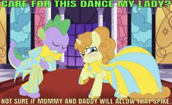 Size: 642x393 | Tagged: safe, artist:spiritshift, derpibooru import, edit, editor:undeadponysoldier, pumpkin cake, spike, dragon, pony, unicorn, blushing, bowtie, clothes, cute, dress, female, implied carrot cake, implied cup cake, male, mare, older, older pumpkin cake, prom, pumpkinspike, raised hoof, scrunchy face, shipping, straight, tuxedo