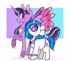 Size: 500x429 | Tagged: safe, artist:bubaiuv, deleted from derpibooru, derpibooru import, twilight sparkle, twilight sparkle (alicorn), vinyl scratch, alicorn, pony, unicorn, blushing, clothes, colored wings, colored wingtips, curved horn, female, happy, horn, leonine tail, lesbian, shipping, smiling, suit, vinylight, wings