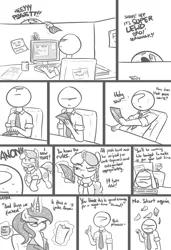 Size: 836x1224 | Tagged: source needed, safe, artist:shoutingisfun, derpibooru import, princess luna, oc, oc:anon, oc:marker pony, alicorn, human, pony, unicorn, /mlp/, 4chan, chair, clothes, computer, cup, dialogue, female, glasses, human male, lewd, magic, male, mare, meta, mlpg, monitor, mug, necktie, office, one eye closed, paper, raised eyebrow, shirt, sweat, telekinesis, the greasy slut, vulgar