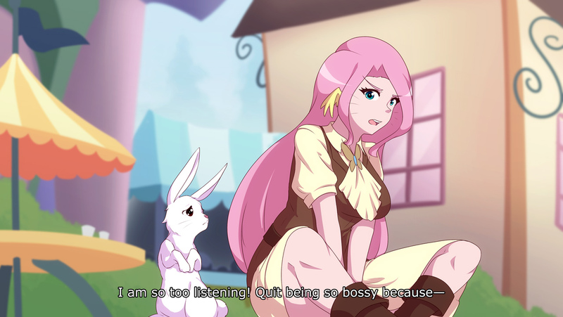 Size: 1280x721 | Tagged: angel bunny, animal, anime, artist:jonfawkes, body swap, clothes, derpibooru import, female, fluttershy, human, humanized, rabbit, safe, scene interpretation, she talks to angel, subtitles, wing ears