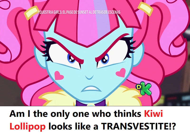 Size: 1280x922 | Tagged: safe, derpibooru import, edit, edited screencap, screencap, kiwi lollipop, equestria girls, equestria girls series, sunset's backstage pass!, spoiler:eqg series (season 2), angry, close-up, discovery kids, headcanon, k-lo, lgbt, looking at you, question, solo, spanish, text, transphobia, transvestite