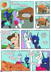 Size: 955x1350 | Tagged: safe, artist:teabucket, deleted from derpibooru, derpibooru import, princess celestia, princess luna, oc, oc:butternut squash, alicorn, pony, comic, female, male, mare, patreon, patreon logo, peaches, stallion