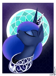 Size: 4000x5401 | Tagged: safe, artist:poecillia-gracilis19, derpibooru import, princess luna, alicorn, pony, bust, crown, eyes closed, eyeshadow, female, geometric, jewelry, makeup, mare, new moon, regalia