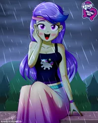 Size: 920x1160 | Tagged: safe, artist:the-butch-x, derpibooru import, snow flower, equestria girls, equestria girls series, let it rain, spoiler:eqg series (season 2), breasts, busty snow flower, butch's hello, cleavage, clothes, cute, equestria girls logo, female, headband, heart eyes, hello x, looking at you, midriff, rain, signature, sleeveless, solo, tanktop, wingding eyes