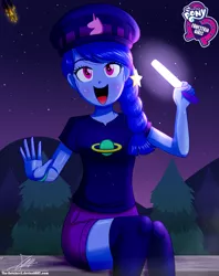 Size: 920x1160 | Tagged: safe, artist:the-butch-x, derpibooru import, space camp (character), equestria girls, equestria girls series, spoiler:eqg series (season 2), butch's hello, clothes, cute, equestria girls logo, female, glowstick, happy, hat, hello x, looking at you, meteor, meteor shower, night, not luna, open mouth, shorts, signature, sitting, smiling, tree, waving