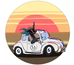 Size: 1800x1600 | Tagged: artist:rocket-lawnchair, bad pun, car, changeling, changeling queen, derpibooru import, disney, female, herbie, pun, queen chrysalis, safe, sunglasses, sunset, the love bug, visual pun, volkswagen beetle