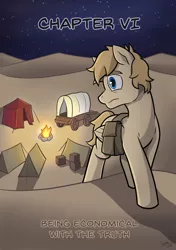 Size: 2500x3550 | Tagged: artist:tyscope, bag, camp, campfire, changeling, changeling oc, derpibooru import, desert, disguise, disguised changeling, fanfic, fanfic art, fanfic:the changeling of the guard, night, oc, oc:idol hooves, saddle bag, safe, solo, tent, unofficial characters only, wagon