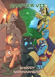 Size: 2000x2828 | Tagged: safe, artist:tyscope, derpibooru import, ahuizotl, daring do, oc, oc:idol hooves, changeling, golem, pegasus, pony, snake, fanfic, fanfic:the changeling of the guard, ancient ruins, chalice, changeling oc, disguise, disguised changeling, fanfic art, female, goblet, jungle, mare, ruins, temple