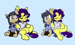 Size: 2500x1500 | Tagged: safe, artist:spheedc, derpibooru import, oc, oc:bolly, oc:sphee, unofficial characters only, earth pony, pony, clothes, comparison, digital art, eyes closed, female, filly, glasses, male, mare, redraw, simple background, stallion