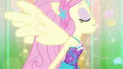 Size: 2048x1152 | Tagged: safe, derpibooru import, screencap, fluttershy, cheer you on, equestria girls, equestria girls series, spoiler:eqg series (season 2), discovery family logo, female, geode of fauna, magical geodes, ponied up, sleeveless, solo, super ponied up
