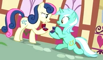 Size: 349x206 | Tagged: safe, derpibooru import, screencap, bon bon, lyra heartstrings, sweetie drops, earth pony, pony, unicorn, the big mac question, background characters doing background things, background pony, canon, duo, female, it finally happened, it happened, lesbian, lyrabon, mare, marriage proposal, shipping