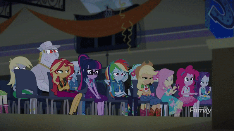 Size: 800x450 | Tagged: safe, derpibooru import, screencap, applejack, bulk biceps, derpy hooves, fluttershy, jvj-24601, microchips, pinkie pie, rainbow dash, rarity, roseluck, sci-twi, snips, sunset shimmer, trixie, twilight sparkle, robot, cheer you on, equestria girls, equestria girls series, spoiler:eqg series (season 2), animated, auditorium, canterlot high, chair, clothes, converse, cowboy hat, denim skirt, directed by michael bay, explosion, geode of empathy, geode of super strength, geode of telekinesis, gif, hat, image, jewelry, leather, looking at each other, magical geodes, pants, rarity peplum dress, running, scared, screaming, shocked, shoes, shoulderless shirt, skirt, sleeveless, smiling, stetson, sweatpants, tanktop
