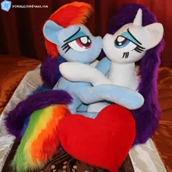 Size: 1848x1848 | Tagged: safe, artist:ponimalion, derpibooru import, rainbow dash, rarity, pegasus, pony, unicorn, bed, bedroom, bedroom eyes, duo, duo female, female, heart, heart pillow, horn, hug, irl, kissing, lesbian, life size, mare, photo, pillow, plushie, raridash, shipping, sitting, tail wrap, wings