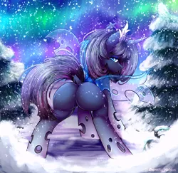 Size: 2848x2769 | Tagged: suggestive, artist:cornelia_nelson, derpibooru import, oc, unofficial characters only, changeling, pony, aurora borealis, blue changeling, butt, changeling oc, color porn, digital art, female, high res, insect wings, looking at you, looking back, looking back at you, mare, plot, rear view, signature, snow, snowfall, solo, solo female, tree, wings, winter