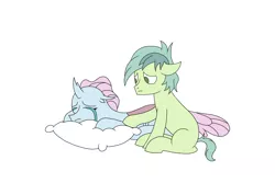 Size: 3000x2000 | Tagged: safe, anonymous artist, derpibooru import, ocellus, sandbar, crying, female, male, missing cutie mark, ocelbar, pillow, sad, shipping, simple background, straight, white background