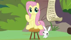 Size: 1920x1080 | Tagged: safe, derpibooru import, screencap, angel bunny, fluttershy, pony, rabbit, she talks to angel, animal, checklist, duo, female, male, mare, sitting, stool