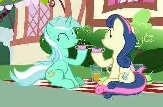 Size: 336x222 | Tagged: safe, derpibooru import, screencap, bon bon, lyra heartstrings, sweetie drops, earth pony, pony, unicorn, she talks to angel, background pony, cropped, cup, duo, eyes closed, female, hoof hold, juice, mare, picnic, picture for breezies, smiling, teacup