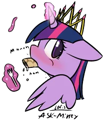 Size: 1096x1286 | Tagged: suggestive, artist:lofis, derpibooru import, twilight sparkle, twilight sparkle (alicorn), alicorn, pony, blowjob, blushing, colored pupils, cream, crown, deepthroat, dialogue, female, floppy ears, food, fork, glowing horn, heart, horn, jewelry, levitation, looking back, magic, mare, munching, nom, onomatopoeia, oral, pancakes, puffy cheeks, regalia, solo, solo female, suggestive eating, telekinesis, wings